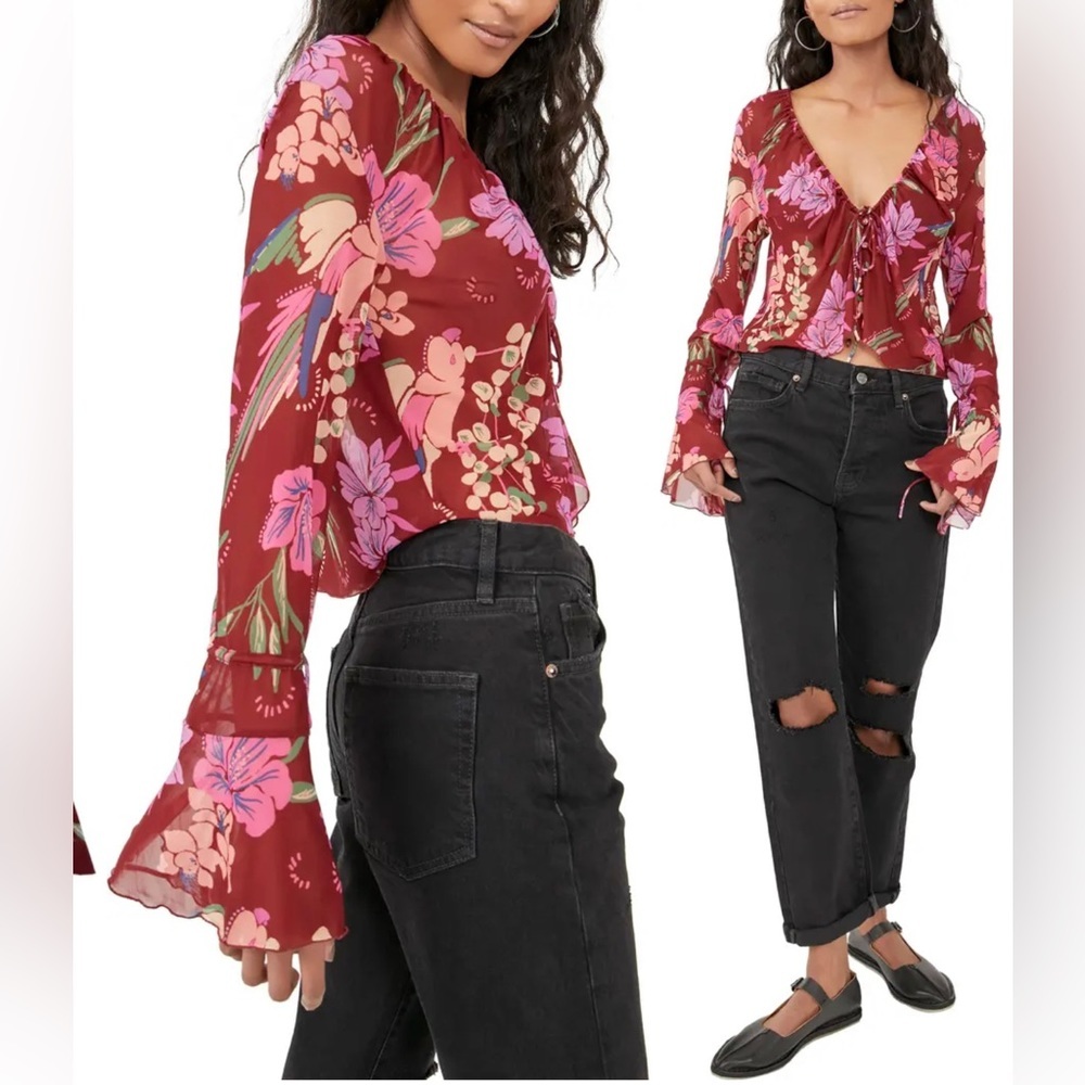 NWT Free People Of Paradise Floral Bell Sleeve Sheer Blouse